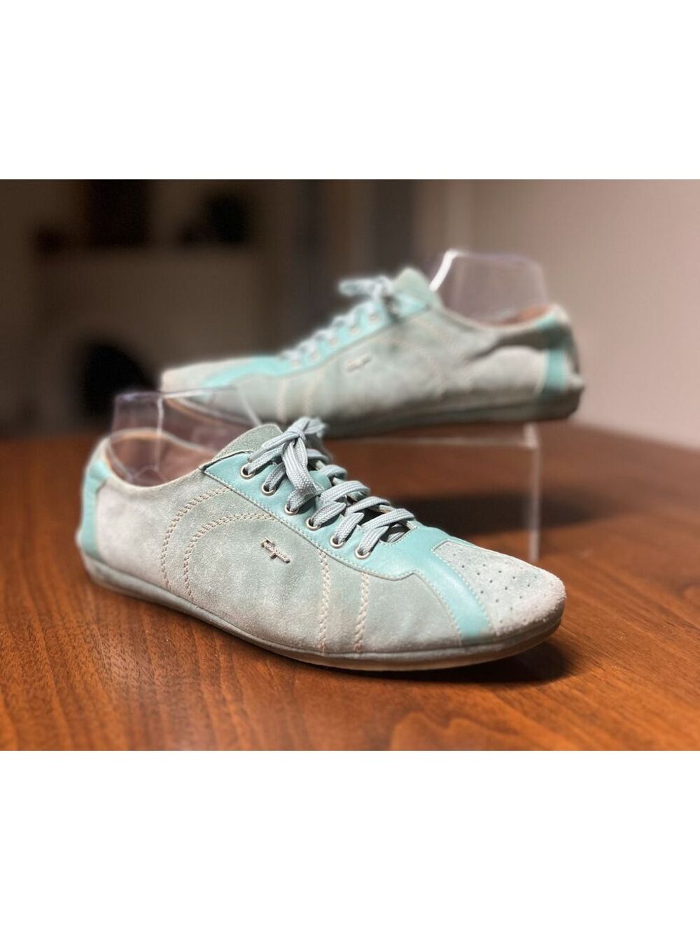 Ferragamo Vintage Green Suede Leather Sneakers Size 8.5 M